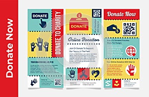 Charity donate now poster design template vector flat illustration. Donation flyer placard