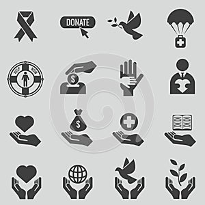 Charity and donation black icons vector set