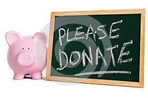 Charity donation box please donate message, piggybank