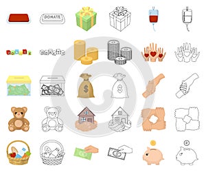 Charity and donation cartoon,outline icons in set collection for design. Material aid vector symbol stock web