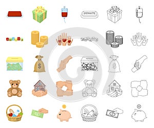 Charity and donation cartoon,outline icons in set collection for design. Material aid vector symbol stock web