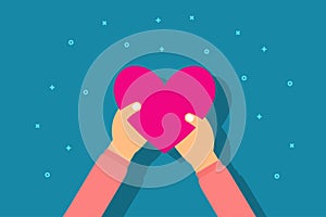 Charity and donation concept. Girl give heart in palm hand. Flat style vector