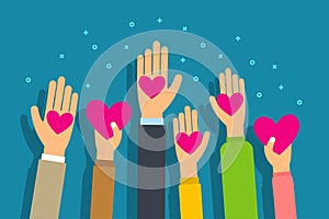 Charity and donation concept. People give hearts in palm hand. Flat style vector.