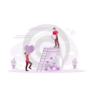 Charity and donation concept. People give and share love and money. Small Characters on the Stairs Throw love symbols and Coins.