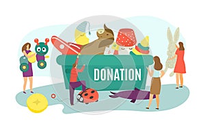 Charity donation, flat assistance to children, box with toy vector illustration. Volunteer people donate toys for poor