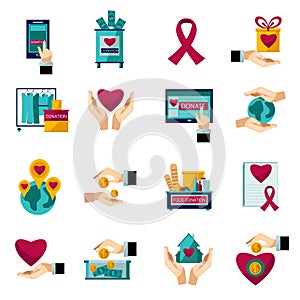 Charity donation flat icons set