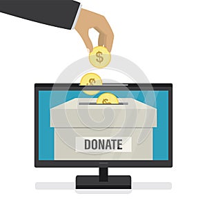 Charity donation, funding social responsibility. Donor hand puts golden coins into box. Online donating money, internet technology