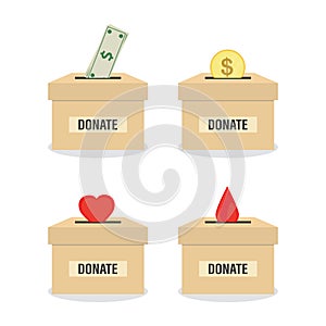 Charity donation funding, social responsibility. Set of donation cardboard boxes. Humans donating money, blood or love