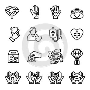 Charity and donation icon set. Thin line style stock vector.