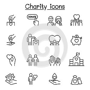 Charity & Donation icons set in thin line style