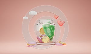 Charity donation jar filled with money, 3D illustration concept