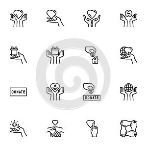 Charity and donation line icons set