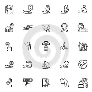 Charity and donation line icons set