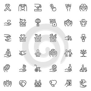 Charity and donation line icons set