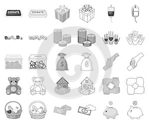 Charity and donation monochrome,outline icons in set collection for design. Material aid vector symbol stock web