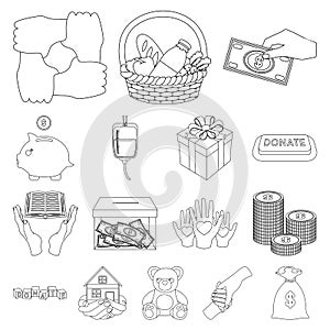 Charity and donation outline icons in set collection for design. Material aid vector symbol stock web illustration.