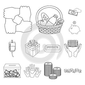 Charity and donation outline icons in set collection for design. Material aid vector symbol stock web illustration.