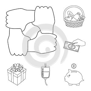 Charity and donation outline icons in set collection for design. Material aid vector symbol stock web illustration.