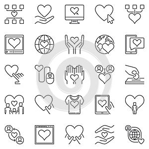 Charity and Donation outline icons set. Vector donating signs