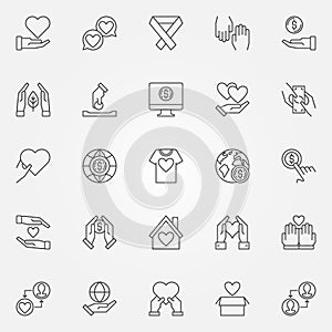 Charity and Donation outline vector icons set