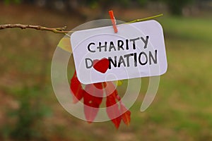 Charity donation phrase handwritten on paper clipped to a branch of a tree