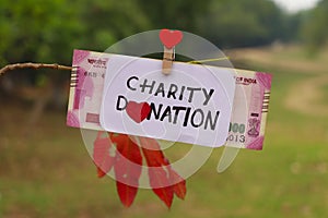 Charity donation phrase handwritten on paper with currency clipped to a branch of a tree