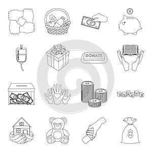 Charity and donation set icons in outline style. Big collection of charity and donation vector symbol stock illustration