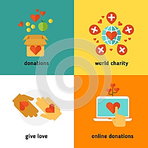 Charity and donation, social help services, volunteer work, non profit organization flat vector concepts