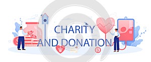 Charity and donation typographic header. People or volunteer