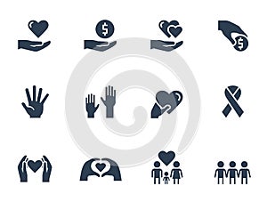 Charity, donation and volunteering icons in glyph style