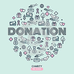 Charity and donations. Set with thin line icons. Vector illustratio