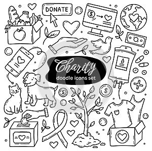 Charity and donations vector doodle icons set