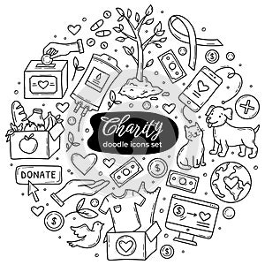 Charity and donations vector doodle icons set