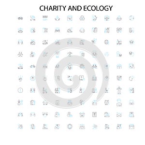 charity and ecology icons, signs, outline symbols, concept linear illustration line collection