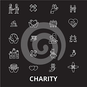 Charity editable line icons vector set on black background. Charity white outline illustrations, signs, symbols