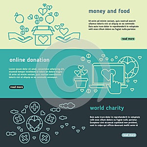 Charity, family help, donate life, nonprofit organization, humanitarian vector banners set