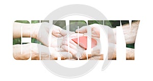 Charity fill text, old and young hands, red heart image cut, white background.