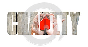 Charity fill text, old and young hands, red heart image cut, white background.