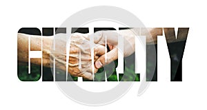 Charity fill text, old and young hands, red heart image cut, white background.