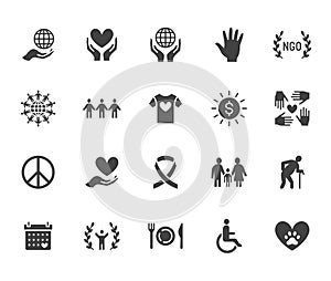 Charity flat glyph icons set. Donation, nonprofit organization, NGO, giving help vector illustrations. Signs for