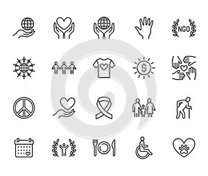 Charity flat line icons set. Donation, nonprofit organization, NGO, giving help vector illustrations. Outline signs for