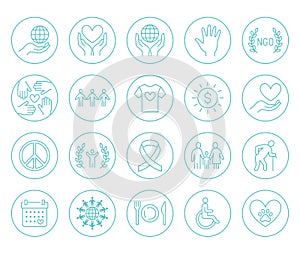 Charity flat line icons set. Donation, nonprofit organization, NGO, giving help vector illustrations. Outline signs in