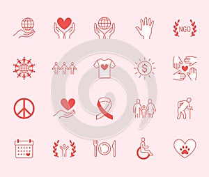 Charity flat line icons set. Donation, nonprofit organization, NGO, giving help vector illustrations. Outline signs pink
