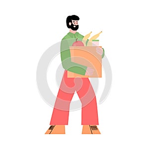 Charity and food donation - man carrying box, flat vector illustration isolated.