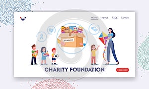 Charity Foundation Landing Page Template. Woman Giving Toys to Orphan Kids around Carton Donation Box, Altruistic Help