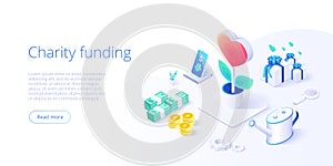 Charity fund or care in isometric vector concept. Volunteer community or donation metaphor illustration. Web banner layout for