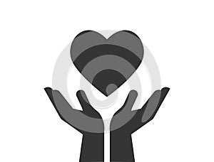 Charity, giving and donation icon with hands holding red heart