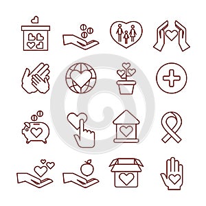 Charity giving, sponsorship, donation, humanitarian, money to child vector linear icons