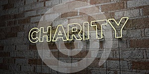 CHARITY - Glowing Neon Sign on stonework wall - 3D rendered royalty free stock illustration