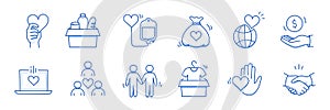 Charity hand, money, blood donation doodle line icon. Charity volunteer, support, blood donor concept icon set